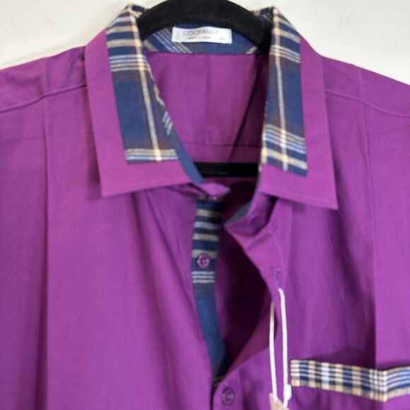 Coofandy Shirt Men’s Sz XXL Purple w/Plaid Trim Button Up Cotton Blend Short SL - Picture 2 of 11